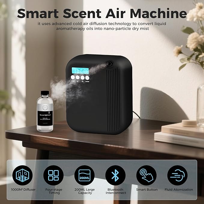 Hotel Collection Diffuser, House Scent Machine, 3000 Sq.Ft of Coverage, 200ml Large Capacity Aromatherapy Machine, Scent Diffusers for Home Large Room, Office Waterless Essential Oil Diffuser, Black