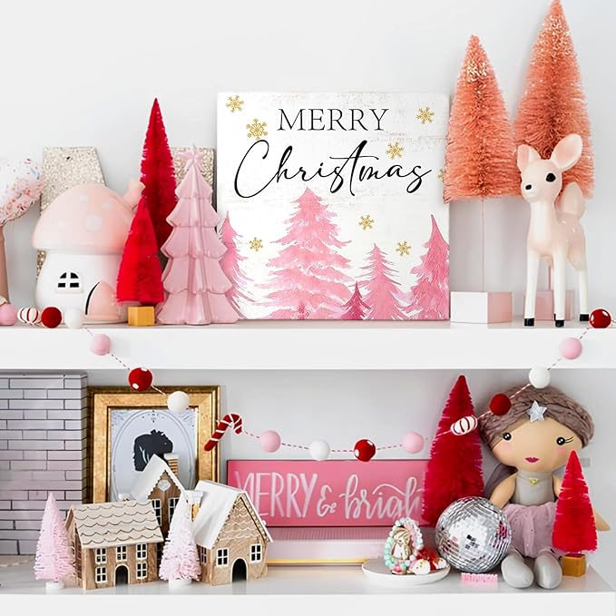 Mtrgdn Pink Christmas Decor Wooden Box Decor Sign,Rustic Merry Christmas Signs for Bedroom Bathroom Home Office Desk Shelf Table Wall Decor,Small Pink Xmas Tree Indoor Decorations Gifts for Women Girls,5x5 Inch