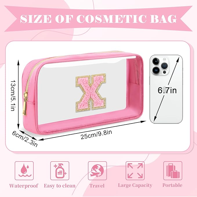 Personalized Initial Letter Clear Makeup Bag,Preppy Small Nylon&PVC Cosmetic Zipper Bag with Chenille Letter,Portable Beach Travel Skincare Toiletry Bag,Trendy Monogram Gift for Teen Girls Women,X