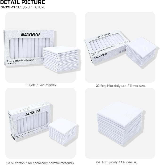 Gifts Cotton Handkerchiefs 100% Soft Cotton 12-Pack White handkerchif and Blue cotton handkerchief for Men and Women