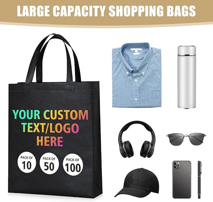 KQVXZZB Custom Reusable Bags Bulk 10/50/100PACK- Eco-Friendly Promotional Tote Bags with Logo Printing for Retail, Events, Restaurants & Corporate Gifts (20+ Industries)