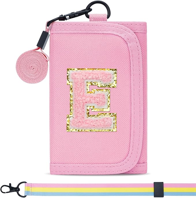 Gifts for Girls 3 4 5 6 7 8 9 10 11 12 Years Old Kids Wallet Cute Initial Coin Purse Toddler Wallet with Magic Sticker (Pink, E)