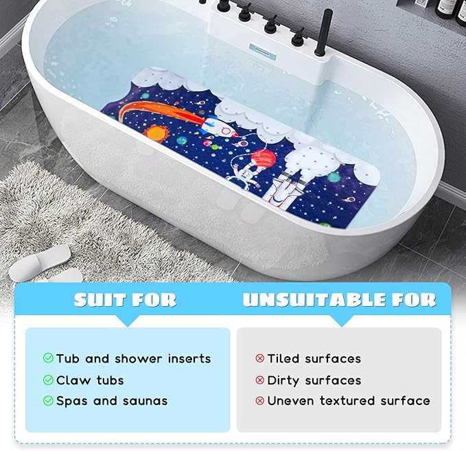 Baby Bath Mat for Tub Non Slip Kids Bathtub Mat Extra Long 40X16 Inch Toddler Bath Tub Shower Mat Anti Slip with Suction Cups & Drain Holes, Machine Washable (Space)