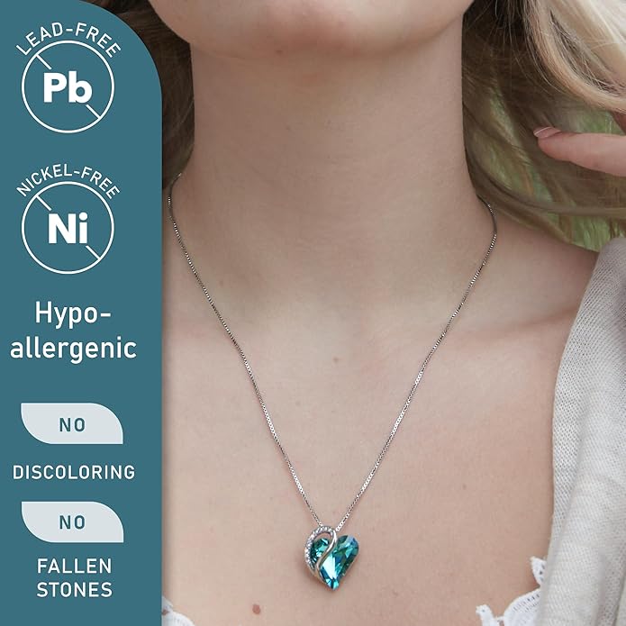 Leafael Valentine's Day Gift Necklaces for Women, Infinity Love Birthstone Heart Crystal Pendant, Birthday Anniversary Jewelry for Wife, Mom, and Her, Silver Plated, 18" + 2" Adjustable Chain