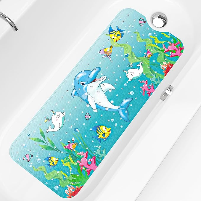 XIYUNTE Baby Bath Mat for Tub Non Slip Kids Bath Mat - 40''x16'' Extra Long Cartoon Bathtub Mat Non Slip Kids Shower Mat Eco-Friendly Toddler Bath Mats with Suction Cups, Machine Washable