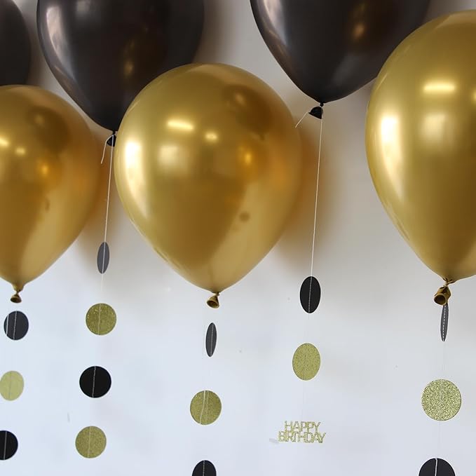 Gold and Black Happy Birthday Decorations, 6PCS Glittery Circle Dots Garland and 6PCS Gold/Black Balloons for Birthday Party Decor Balloon Tails