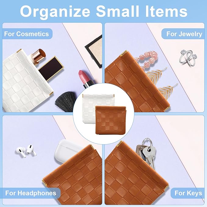 4PCS Small Makeup Bag for Purse, Mini Leather Pocket Cosmetic Bag for Women, Waterproof Portable Makeup Pouch No Zipper Coin Purse Lipstick Bag Accessories, Checkered Travel Storage Bag(White, Brown)