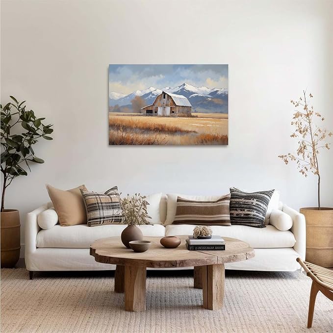 Mountain snow barn murals rural farm natural scenery Thanksgiving decorative paintings suitable for home decoration bathroom bedroom living room decoration24x36in(60x90cm)- Unframed