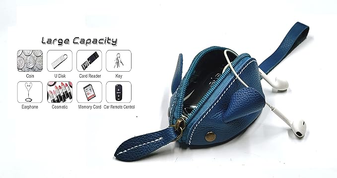 Genuine Leather Mouse Coin Purse Wallet, Womens Change Purse with Zipper, Cute Soft Leather Coin Pouch Mini Size (Blue)