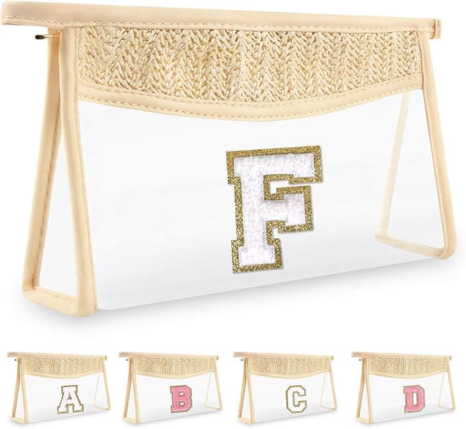 Personalized Initial Letter Bag Boho Straw Clear Makeup Bag,Small Cute Chenille Varsity Letter Bag With Zipper,Beach Travel Toiletry Bag,Portable Monogrammed Cosmetic Bag for Women Girls,F