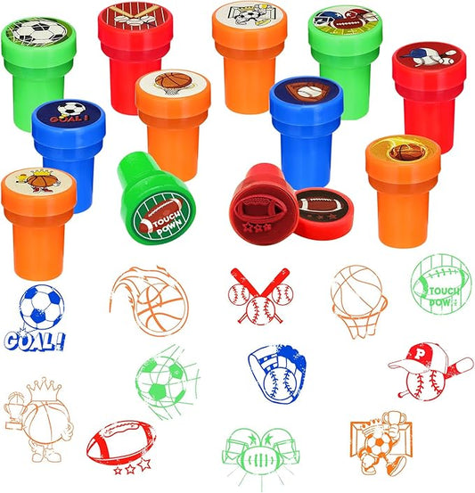 Cinrobiye 24 Pcs Sports Themed Stampers for Kids，Pre-Inked Football Basketball Baseball Soccer Stamps for Birthday Party Favors Classroom Rewards Goodie Bag Fillers Sports Party Supplies (Sports)