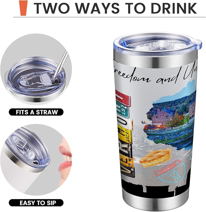 20oz Insulated Tumbler Vermont State Coffee Mug, United States Map Travel Mug Landmark, Birthday Gifts Cute Custom Tumbler Cups with Lid and Straw Gifts for Mom