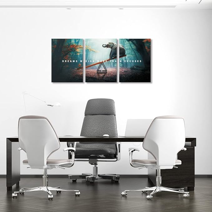 BWSPACE Inspirational Wall Decor, Motivational Canvas Wall Art, grind hustle wall art 3 Pieces Wall Art Decorations for Office Living Room and Bedroom Decor (Elephant, 48" W x 24" H)