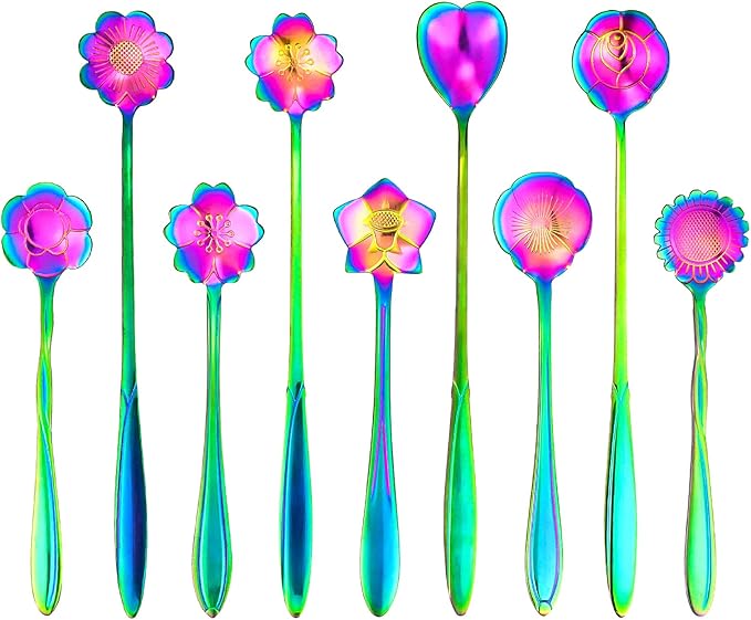 9 PCS Rainbow Flower Spoon Set, 2 Different Size Stainless Steel Reusable Teaspoons for Drink Mixing Milkshake Jam