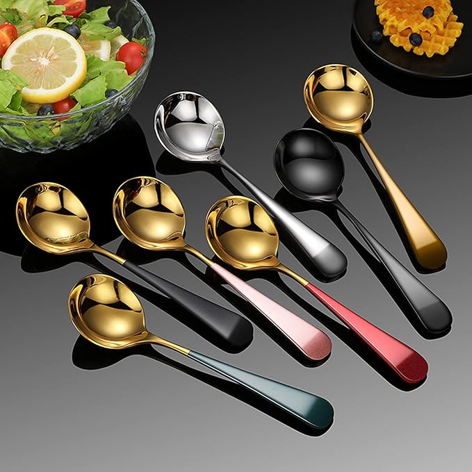 Metal Soup Spoons,Stainless Steel Spoons for Soup Round Colorful Dinner Spoons Thick Short handle Table Spoon 6.3-Inch, Set of 6 (Black)