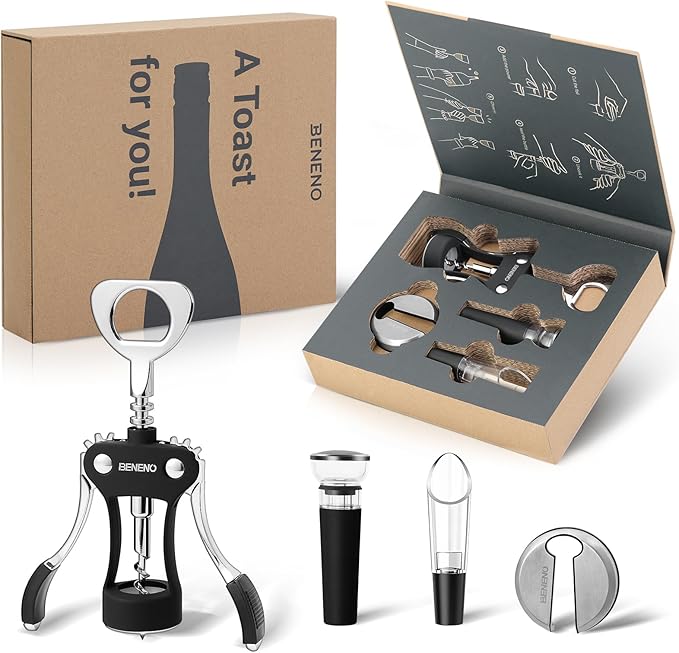 Beneno Multifunctional Wine Bottle Opener Gift Wing Corkscrew, Foil Cutter, Vacuum Stopper & Aerator Pourer, Perfect for Wine Lovers Man Woman, Elegant Black