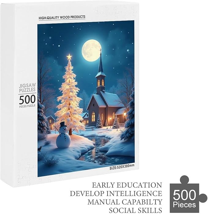 Wooden Puzzle - Church of The Nativity with Snow and Snowmen Jigsaw Puzzles，Wooden Puzzles for Adults 500 Pieces Challenge Puzzles，Educational Games，Family Puzzles