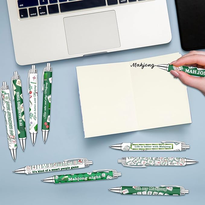 Idealmuzik Mahjong Theme Ballpoint Pens Set of 10 – Classic Tile Inspired Design with Smooth Black Ink – Fun Writing Pens for Office, Home, Game Night Gifts, Party Favors, and Everyday Use