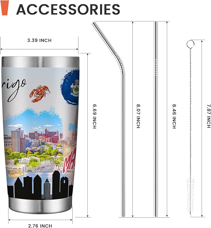 20oz Insulated Tumbler Maine State Coffee Mug, United States Map Travel Mug Landmark, Birthday Gifts Cute Custom Tumbler Cups with Lid and Straw Mothers Day Gifts