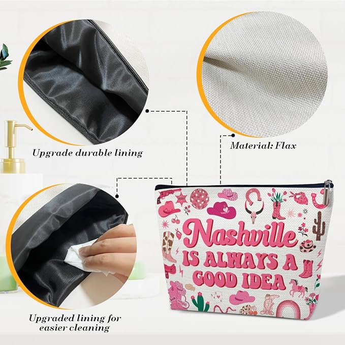 Nashville Travel Makeup Bag, Nashville Lover Gift Cosmetic Bag, Country Music Themed Gifts For Traveller Women Friends Sister, Birthday Christmas Bachelorette Party Favors for Girl