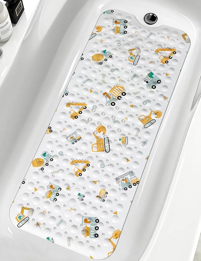 LNOND Baby Bath Mat Non Slip,Kids Bath Mat for Bathroom,Dinosaurs Driving Excavator Shower Mat with Drain Holes and Suction Cups,40 X 16 Inch
