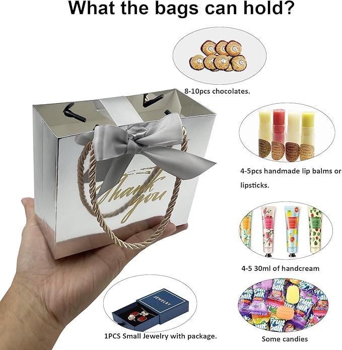 TKSBAG 50 Pack Small Thank You Gift Bags with Handles, 5.5''x 2.5''x4.7'' Mini Silver Gift Bags Bulk for Baby Shower, Birthday, Wedding, Party Favors