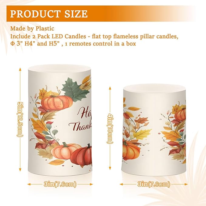 ALAZA Pumpkin Happy Thanksgiving Flickering Flameless Candles Battery Operated with Remote Timer,Tea Light Candles LED Pillar Votive Candles Set of 2 for Outdoor Indoor Decorations