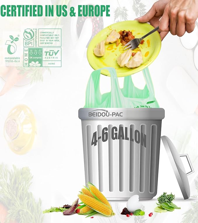 BEIDOU-PAC 4-6 Gallon Compostable Trash Bags, 75 Count, Kitchen Compost Bags With Handle, Sturdy Biodegradable Garbage for Food Scrap Waste, ASTM D6400, US BPI Certified
