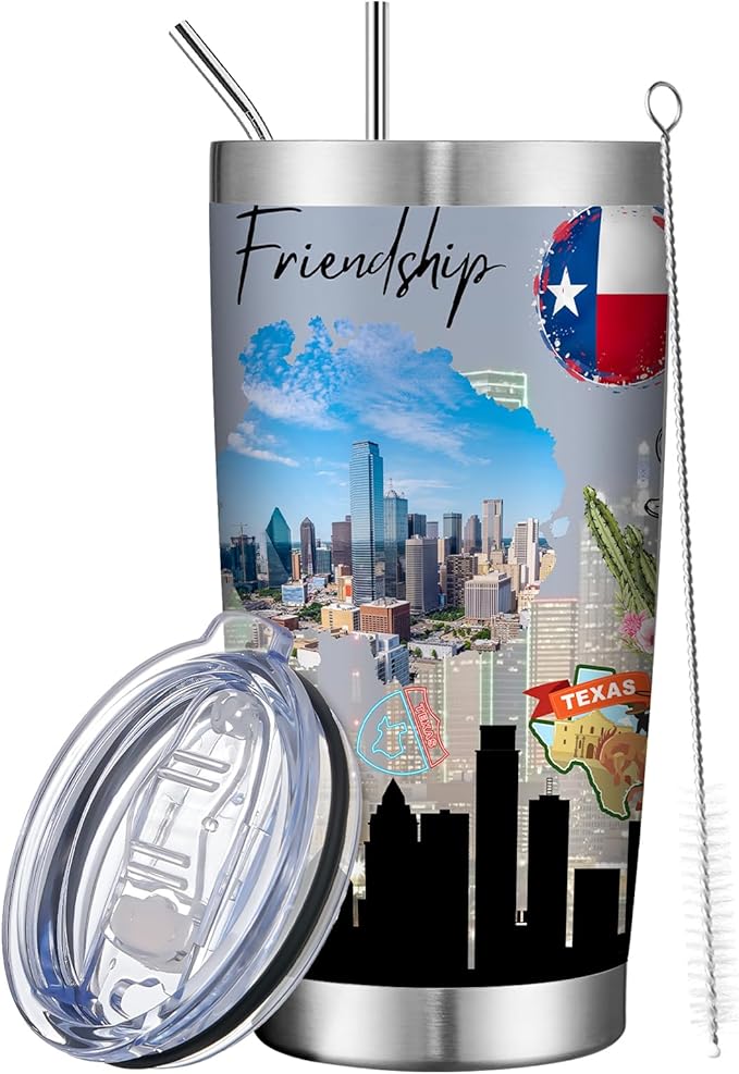 20oz Insulated Tumbler Texas State Coffee Mug, United States Map Travel Mug Landmark, Birthday Gifts Cute Custom Tumbler Cups with Lid and Straw Gifts for Mom