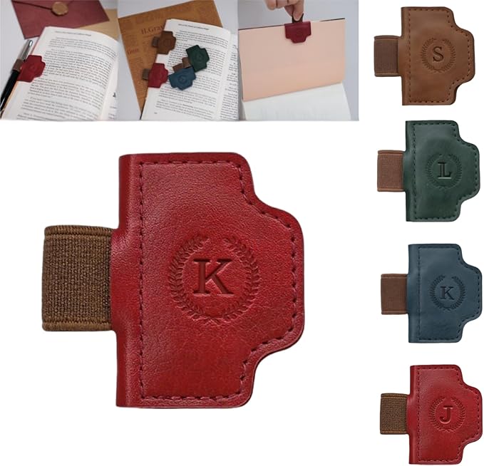 Personalized Magnetic Bygone Mark Bookmark with Pen Holder, 26 Letters Name Initial Custom Leather Book Mark for Women, Gifts for Book Lovers and Readers (Red,K)