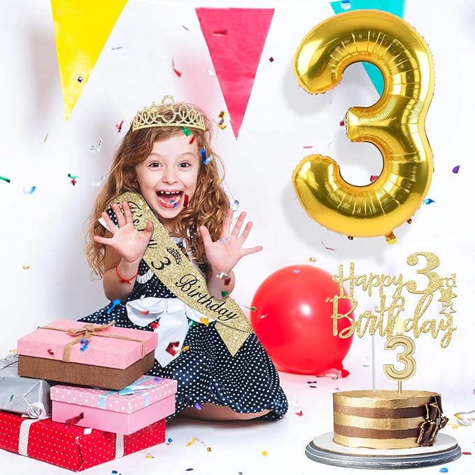 3rd Birthday Decorations for Girls with 3rd Birthday Sash and Toddler Crown, Cake Topper and Candle 3, Number Balloon, 3 Year Old Girl Gifts