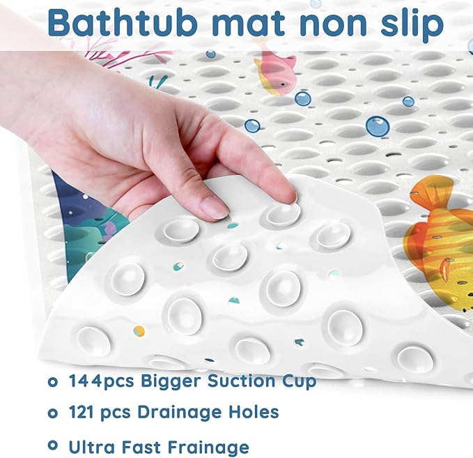 LNOND Bath Mat for Tub for Kids, Toddler Bathtub mat Non Slip, Coral Reef Fish Kids Bath Mats for Bathroom Non Slip with Drain Holes and Suction Cups,Machine Washable (40 X 16 Inch)