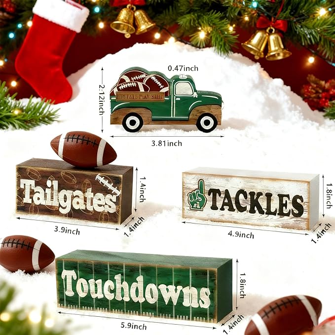 4 Pcs Football Decor, Rustic Football Wooden Signs for Room, Table, Shelf, Locker Room, Sports Centerpieces for Bedroom, Living Room, Coach & Senior Night Gifts