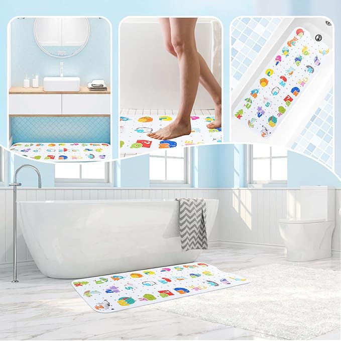 Baby Bath Mat for Tub Non Slip Kids Bathtub Mat Extra Long 40X16 Inch Toddler Bath Tub Shower Mat Anti Slip with Suction Cups & Drain Holes, Machine Washable (Alphabet)