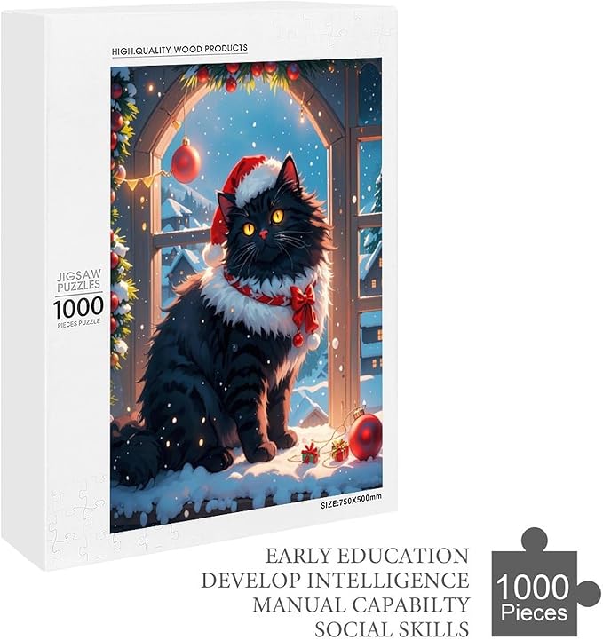 Jigsaw Puzzles for Adults 1000 Piece - Christmas Black Cat Wooden Puzzles, Educational Games，Challenge Puzzles Puzzle Games, Stress Relief Games