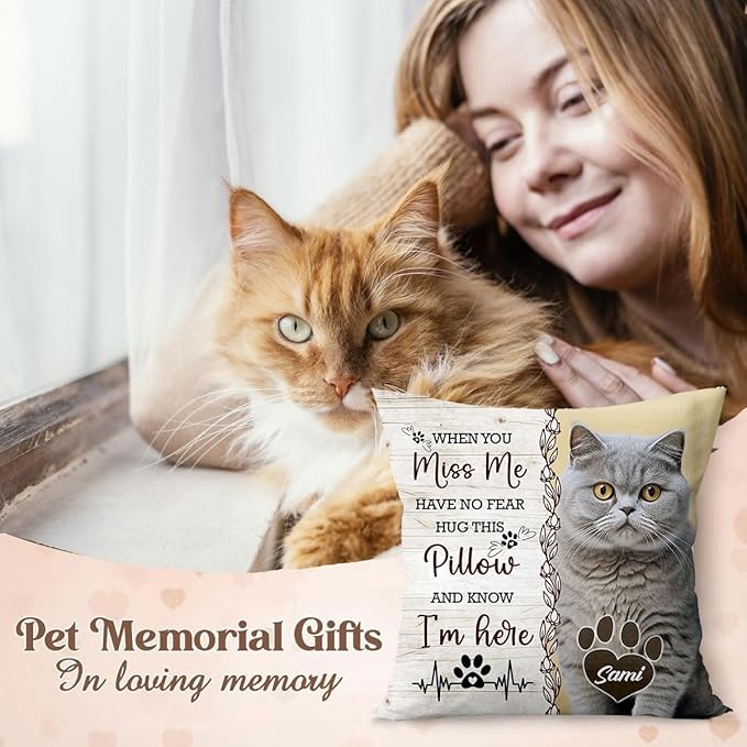 Personalized Pet Memorial Throw Pillow (Insert Included), When You Miss Me Hug This Pillow, Loss Of Cat Sympathy Gift, Cat Memorial Gifts For Loss Of Cat, Cat Remembrance Gifts, Cat Memorial Gifts