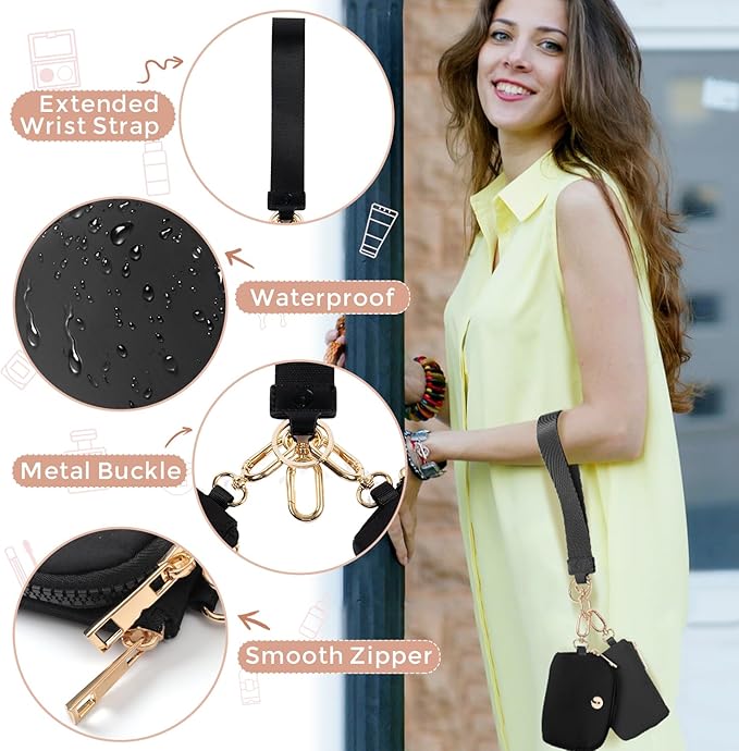 Dual Pouch Wristlet Keychain Wallet with 2 Wrist Straps - Small and Portable Mini Zipper Coin Purse Card Wallets for Women Men Gold Hardware Black+Black