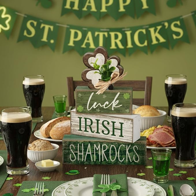 4 Pcs St. Patrick's Day Table Decorations Wooden Shamrocks Green Lucky St. Patrick Tiered Tray Decor Farmhouse Shamrock Blocks Signs Gifts Irish Themed Centerpiece Decorations for Home Decor