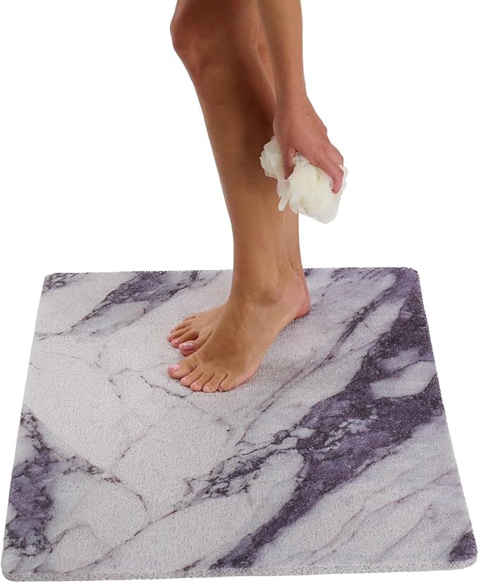 Enkosi Loofah Non-Slip Shower Mat - Shower Floors, Bathtub, Bathrooms, Wet Areas - Cushioned Bath Mat with Drain Holes - Quick Dry PVC, Secure Safety Pad Without Suction Cups (32x24 Marble Grey Blue)
