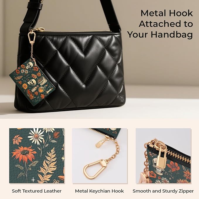 Halloween Goth Skull Keychain Coin Purse for Women, Vintage Gothic Skeleton Flower Book Small PU Leather Change Pouch, Zipper Little Tiny Travel Girls Wallet, Zip Pocket Key Ring Coin Holder