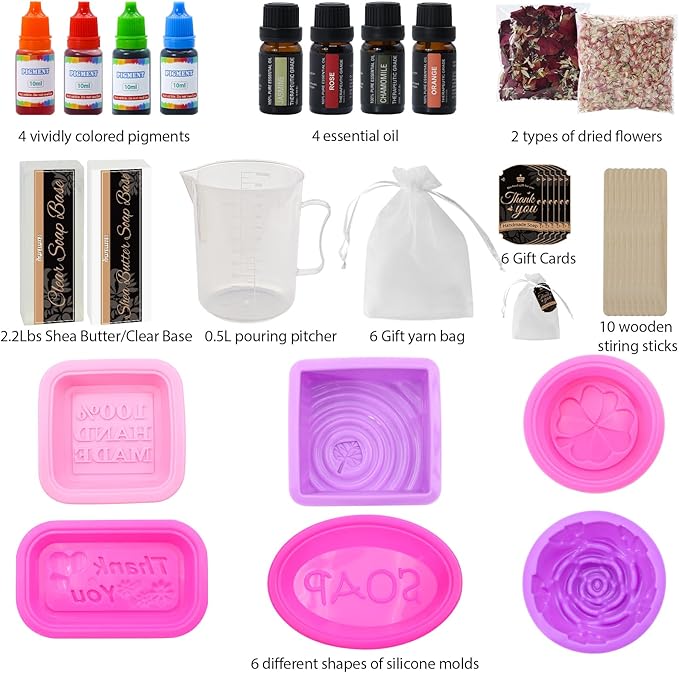 MuseLuxe Soap Making Kit for Adults & Kids - Soap Making Supplies with Melt and Pour - Base,6 Silicone Molds, Colorant,Fragrances,Dried Flowers,Gift Card,DIY Craft Kit for Beginners