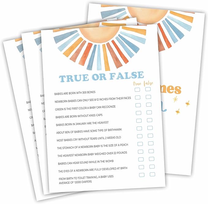 Watercolor Sunshine True Or False Baby Shower Game Kit - Retro Here Comes The Sun - 30 Fill In Game Cards & 1 Answer Card For Baby Shower, Gender Reveal Party Favor, Activity & Supplies - D05