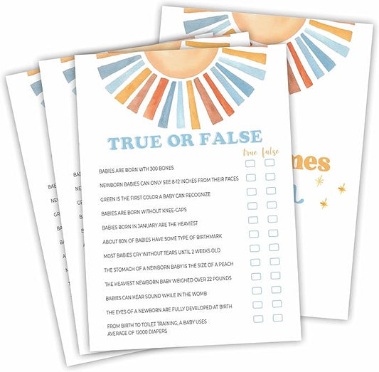 Watercolor Sunshine True Or False Baby Shower Game Kit - Retro Here Comes The Sun - 30 Fill In Game Cards & 1 Answer Card For Baby Shower, Gender Reveal Party Favor, Activity & Supplies - D05
