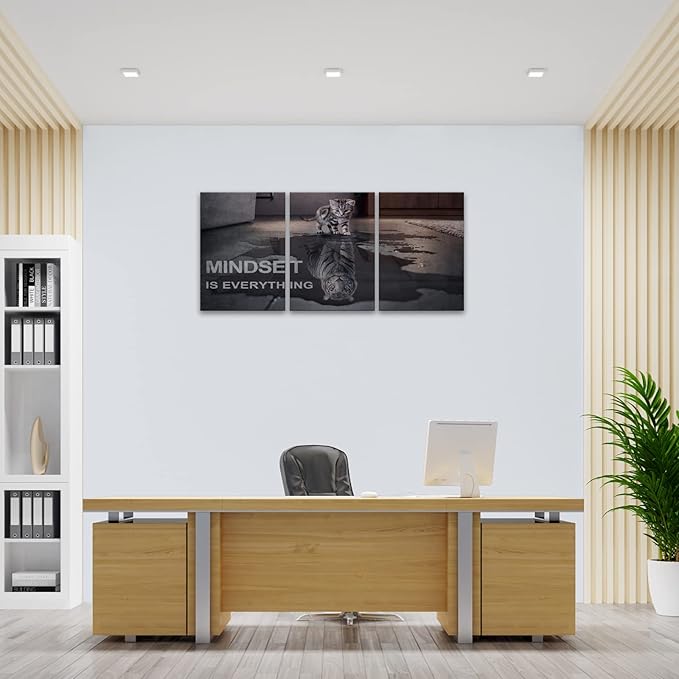 Motivational Canvas Wall Art Mindset is Everything Small Cat Big Tiger Posters Prints 3 Pieces Inspirational Quote Painting for Office Bedroom Decor (60" W x 28" H, Y-Mindset)