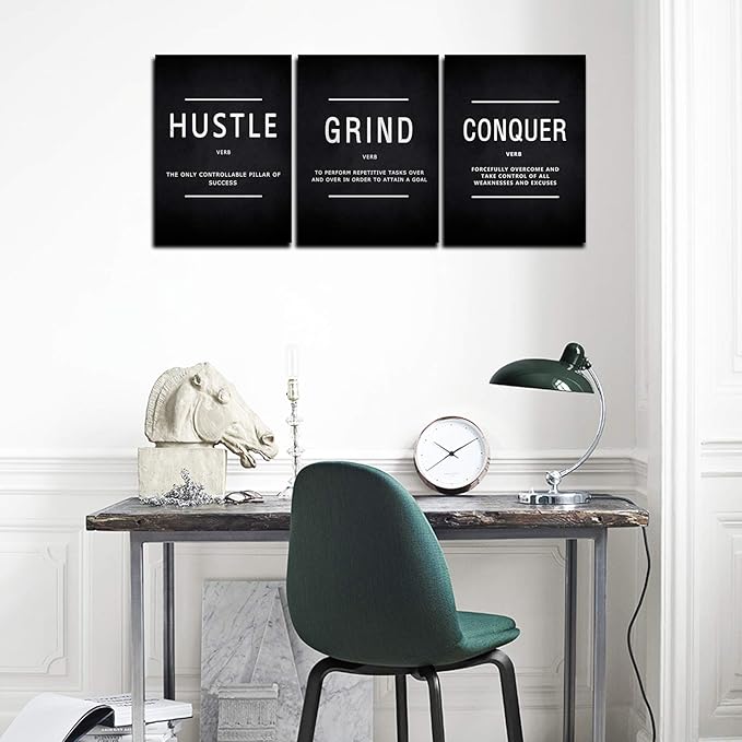BWSPACE Inspirational Wall Decor, Motivational Canvas Wall Art, grind hustle wall art 3 Pieces Wall Art Decorations for Office Living Room and Bedroom Decor (48" W x 24" H, HGC)
