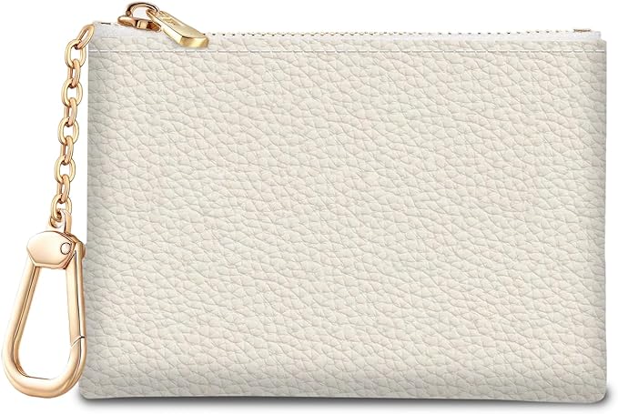 Beige White Keychain Coin Purse for Women, Small PU Leather Change Pouch, Zipper Little Tiny Travel Wallet for Girls, Cute Kawaii Zip Pocket Coin Holder with Key Ring