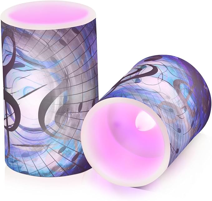 Music Notes and Clef in Space with Stars Flickering Flameless Candles Battery Operated with Remote Timer,Tea Light Candles LED Pillar Votive Candles Set of 2 for Outdoor Indoor Decorations