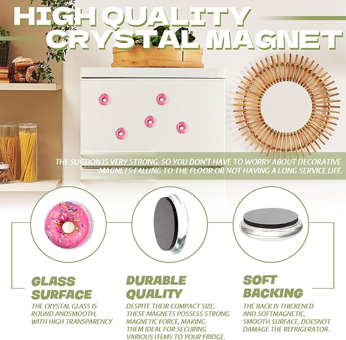 Fridge Magnets 6 Pcs Araffe Donut with Pink Frosting and Sprinkles Round Strong Magnetic Glass Small Refrigerator Magnet,Home Decoration for Office Whiteboards,Classrooms,Cabinet and Dishwasher