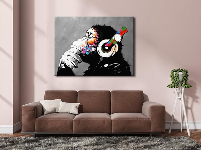 Wieco Art Monkey With Headphones Banksy Graffiti Art Abstract Canvas Painting Posters and Prints Animal Canvas Wall Art for Wall Decor and Home decorations Office Decor