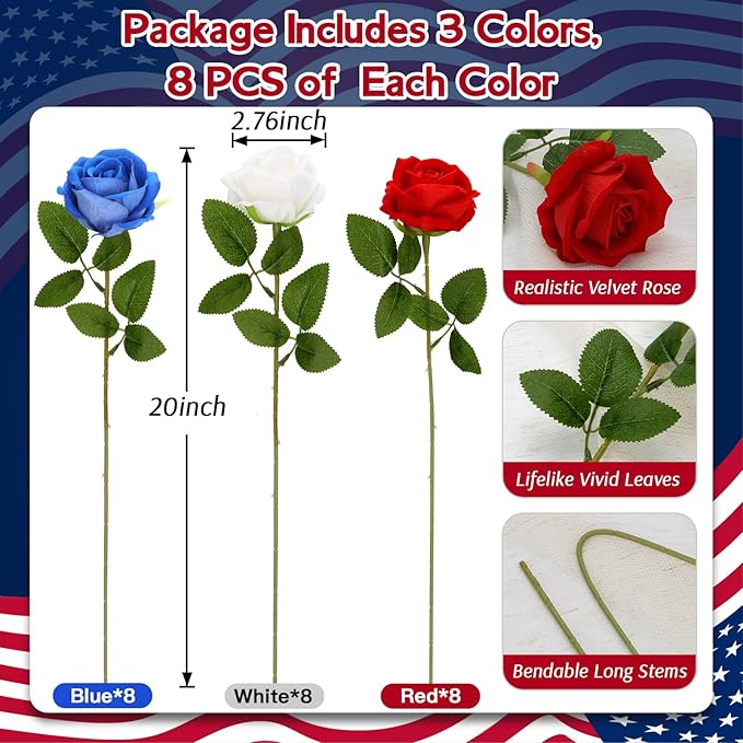24 Roses Artificial Flowers 4th of July Decorations, Red White and Blue Patriotic Flower Arrangement， Realistic Fake Velvet Silk Roses with Stems in Bulk for Memorial Day Centerpiece Home Decor